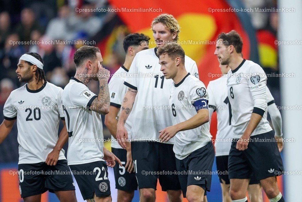 DFB10102502167 | 10.10.2025, Fußball, Länderspiel, Deutschland - Luxemburg, UEFA WM-Qualifikation, 2025/2026, Gruppe A, PreZero Arena in Sinsheim: Torjubel nach dem Tor zum 2:0 durch Torschütze Joshua Kimmich (GER #06) nach Elfmeter  zusammen mit Serge Gnabry (GER #20) Nick Woltemade (GER #11) Leon Goretzka (GER #08) . DFB regulations prohibit any use of photographs as image sequences and or quasi-video