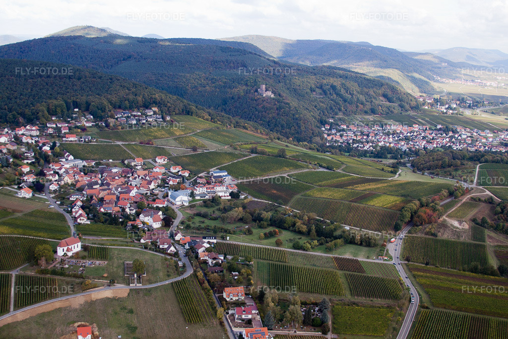 Luftbild: Winzerdorfansicht von Südwesten mit St. Dionysius Kapelle und Friehof im Ortsteil Gleiszellen in Gleiszellen-Gleishorbach im Bundesland Rheinland-Pfalz in Deutschland. Foto: IMG_22410.jpg vom 15.10.2009 durch Werner Riehm/FLY-FOTO.de