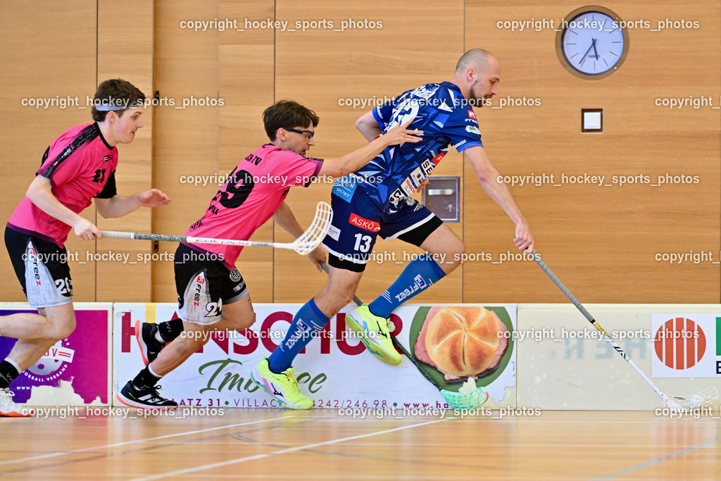 VSV Unihockey vs. Wiener Floorball Verein | #26 Alexander Hanschur Wiener Floorballverin, #29 Jonas-Justus Dopona Wiener Floorballverein, #13 Jan Sláma VSV Unihockey, VSV Unihockey vs. Wiener Floorball Verein, VSV Unihockey vs. Wiener Floorball Verein am 18.05.2025 in Villach (Ballspielhalle St. Martin), Austria, (Photo by Bernd Stefan)