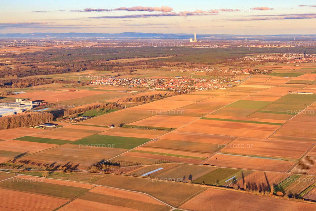 Luftbild: Dorfansicht am Abend aus Südwesten in Ottersheim bei Landau im Bundesland Rheinland-Pfalz in Deutschland. Foto: IMG_62244.jpg vom 23.02.2014 durch Werner Riehm/FLY-FOTO.de