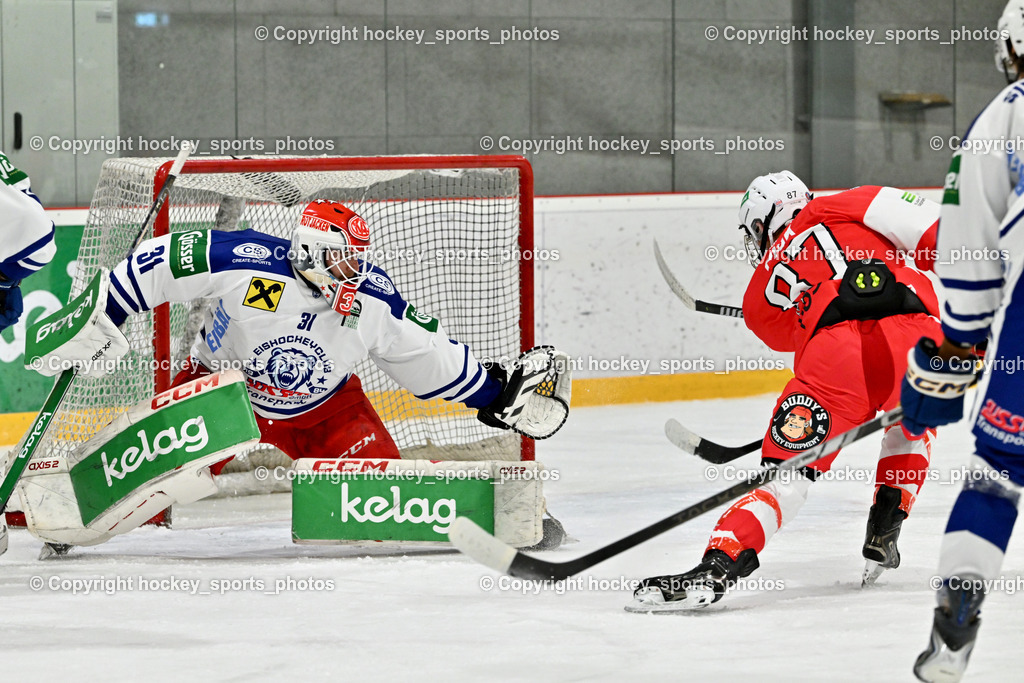 ESV Ferlach vs. UECR Eisbären Huben | #31 Sicher Michael UECR EISBÄREN HUBEN, #87 Piuk Tobias ESV Ferlach, ESV Ferlach vs. UECR Eisbären Huben, ESV Ferlach vs. UECR Eisbären Huben am 31.10.2025 in Ferlach (HTC Eishalle Ferlach), Austria, (Photo by Bernd Stefan)