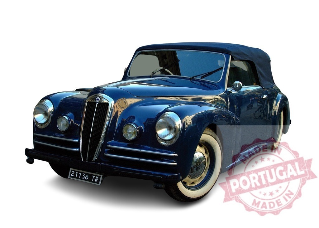 Shiny blue Lancia Aurelia B50 Pininfarina Cabriolet posing in a studio | Classic convertible Lancia Aurelia B50 Pininfarina Cabriolet with elegant design and luxurious details, showing italian timeless style - Realisiert mit Pictrs.com