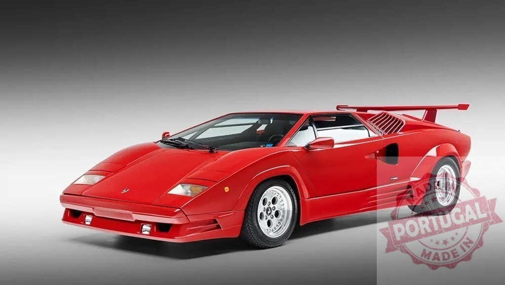 Red Lamborghini Countach supercar standing on gray background | Red Lamborghini Countach 25th Anniversary model showcasing iconic Italian luxury design - Realized with Pictrs.com