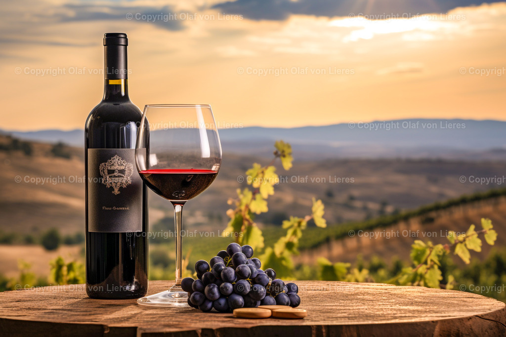 Rotwein in der Abenddämmerung | Rotweinflasche mit Weinglas