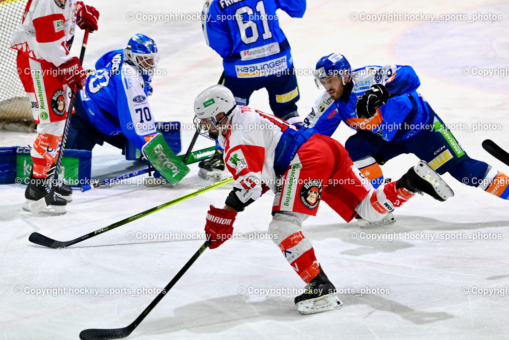 ESC Steindorf vs. ESV Ferlach  | #11 Toff Nico ESV Ferlach, #70 Moser Lukas ESC Steindorf, #19 Friedrich Lukas ESC Steindorf, ESC Steindorf vs. ESV Ferlach , ESC Steindorf vs. ESV Ferlach  am 15.02.2026 in Steindorf (Ossiachersee Halle), Austria, (Photo by Bernd Stefan)