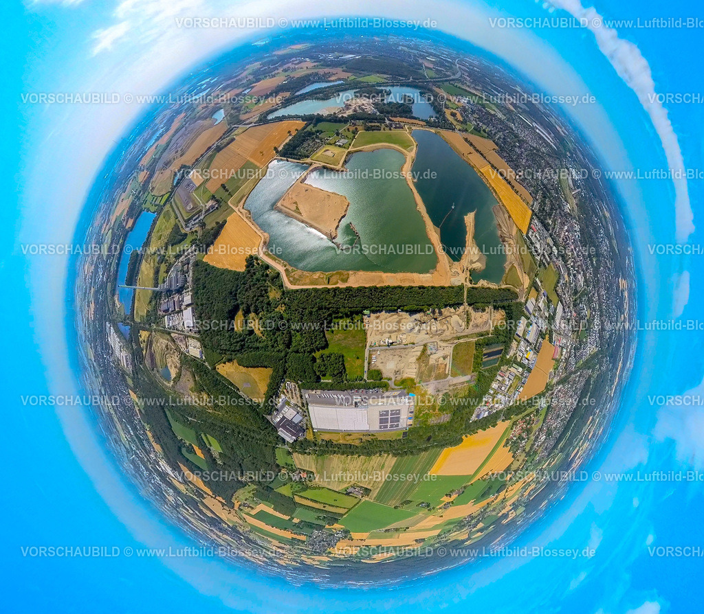 Kamp-Lintfort230790205_Rossenrey | Luftbild, Rossenrayer See, Kiesbaggerei, Erdkugel, Fisheye Aufnahme, Fischaugen Aufnahme, 360 Grad Aufnahme, tiny world, Budberg, Rheinberg, Ruhrgebiet, Nordrhein-Westfalen, Deutschland