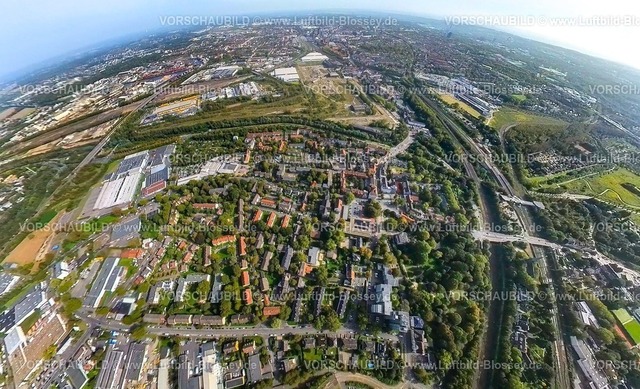 Dortmund231090051Dorstfeld | Luftbild, Ortsansicht Ortsteil Dorstfeld mit Baugebiet Union Gelände, Erdkugel, Fisheye Aufnahme, Fischaugen Aufnahme, 360 Grad Aufnahme, tiny world, Dorstfeld, Dortmund, Ruhrgebiet, Nordrhein-Westfalen, Deutschland