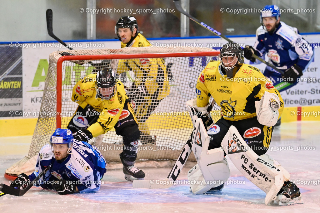 ESC Steindorf vs. MET PHOTOVOLTAIK HORNETS SPITTAL | #19 Friedrich Lukas ESC Steindorf, #11 Kucher Florian EC Hornets Spittal, #1 Zauchner Rene EC Hornets Spittal, ESC Steindorf vs. MET PHOTOVOLTAIK HORNETS SPITTAL, ESC Steindorf vs. MET PHOTOVOLTAIK HORNETS SPITTAL am 26.10.2024 in Steindorf (Ossiachersee Halle), Austria, (Photo by Bernd Stefan)
