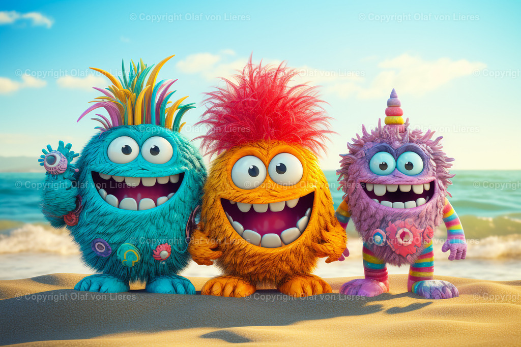 Monster mit bunten Haaren | lachende bunte Monster am Meer