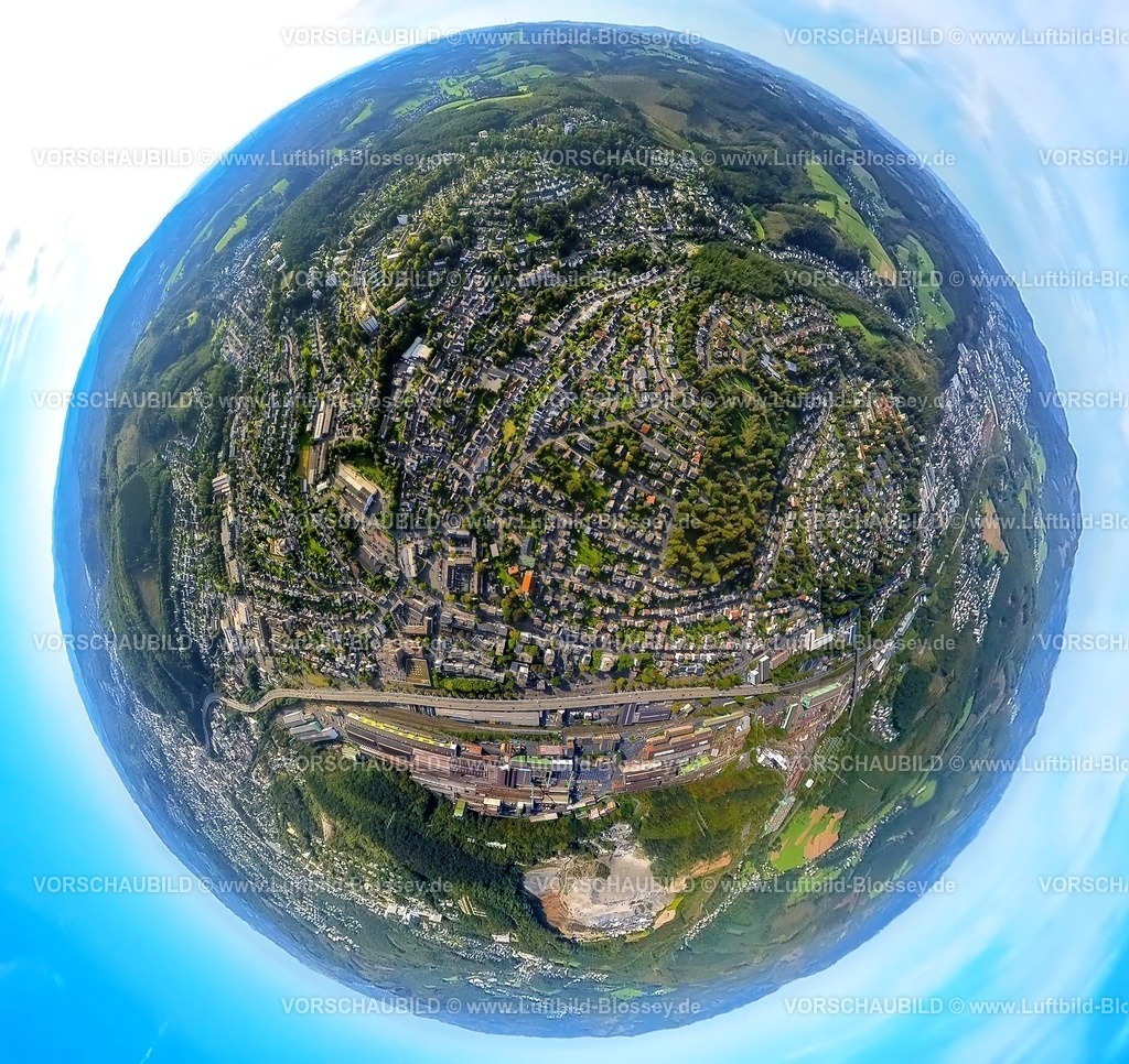 Siegen230990410Geisweid | Luftbild, Ortsansicht Ortsteil Geisweid, Erdkugel, Fisheye Aufnahme, Fischaugen Aufnahme, 360 Grad Aufnahme, tiny world, Geisweid-Ruhrst, Siegen, Sauerland, Nordrhein-Westfalen, Deutschland