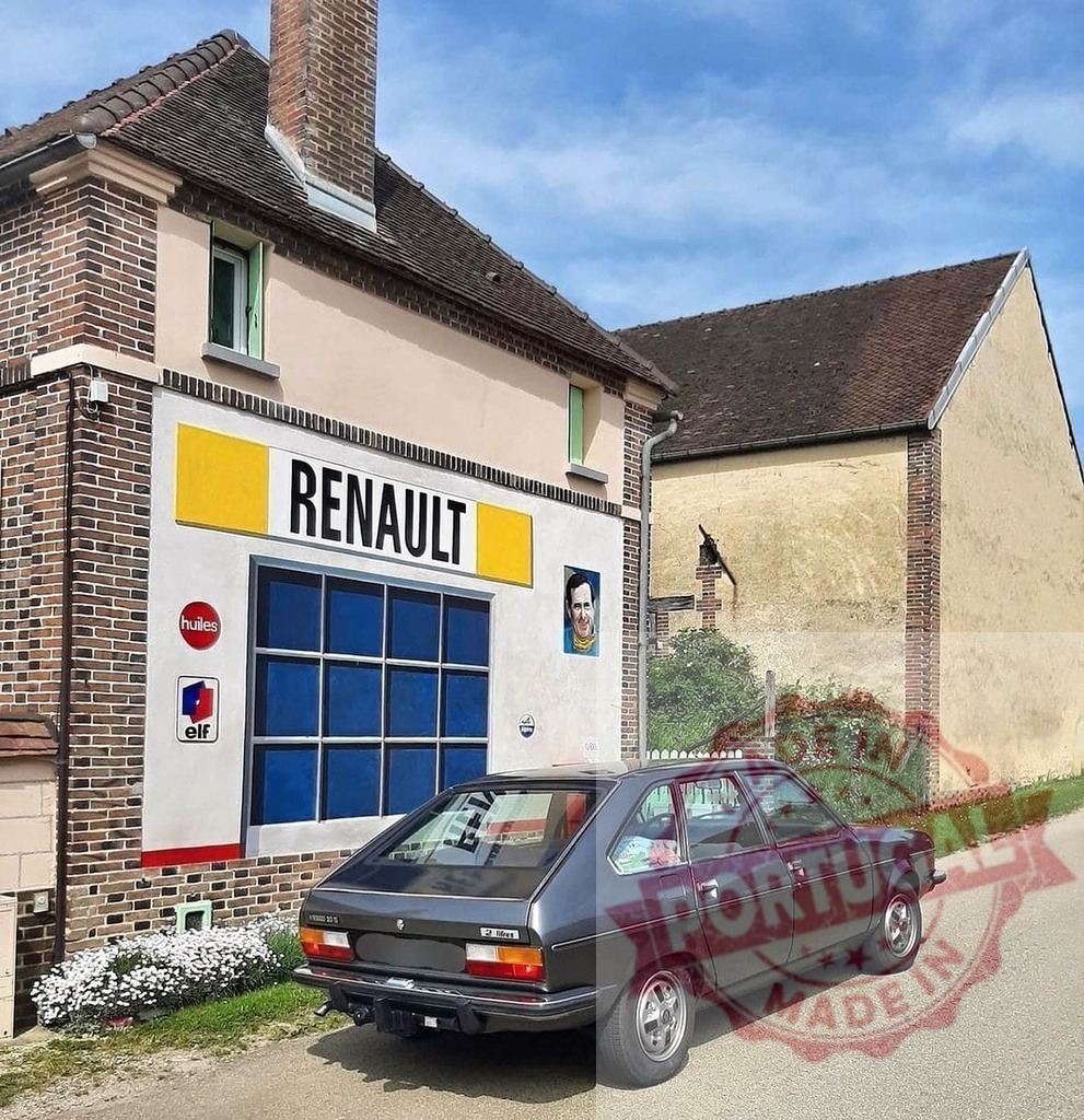 Vintage Renault car parked near old French garage mural | Vintage Renault 30 TS parked in front of a painted Renault garage mural on a country road - Realized with Pictrs.com