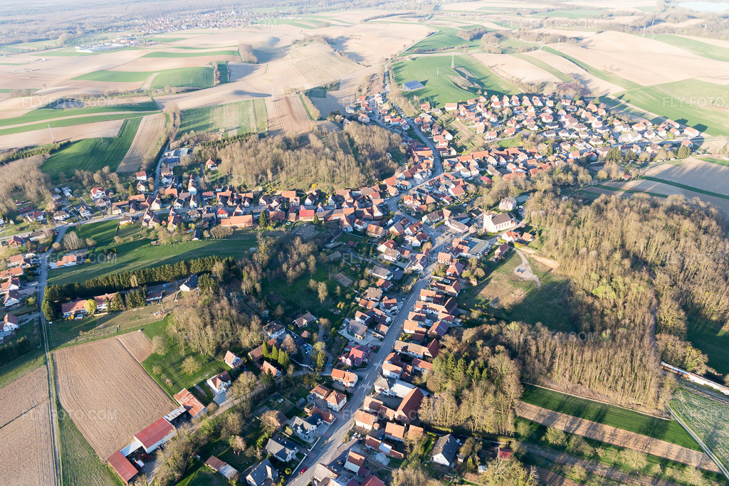 Aerial view: View of the town in Neewiller-près-Lauterbourg in the state Bas-Rhin, France.Photo: IMG_097861.jpg taken on 03/27/2017 by Werner Riehm/FLY-FOTO.comResolution of the original: 5472 x 3648 px