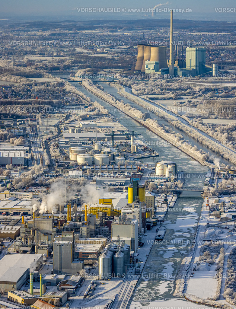 Hamm221202776 | Luftbild, Winterlicher Hafen Hamm, RWE Generation SE Kraftwerk Gersteinwerk, vereister Fluss Lippe und Datteln-Hamm-Kanal, Mitte, Hamm, Ruhrgebiet, Nordrhein-Westfalen, Deutschland