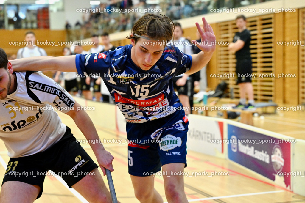 FBK Loka vs. VSV Unihockey | #31 Nejc Oman FBK Loka, #15 Tristan Bogataj VSV Unihockey, FBK Loka vs. VSV Unihockey, FBK Loka vs. VSV Unihockey am 23.03.2025 in Villach (Ballspielhalle St. Martin), Austria, (Photo by Bernd Stefan)