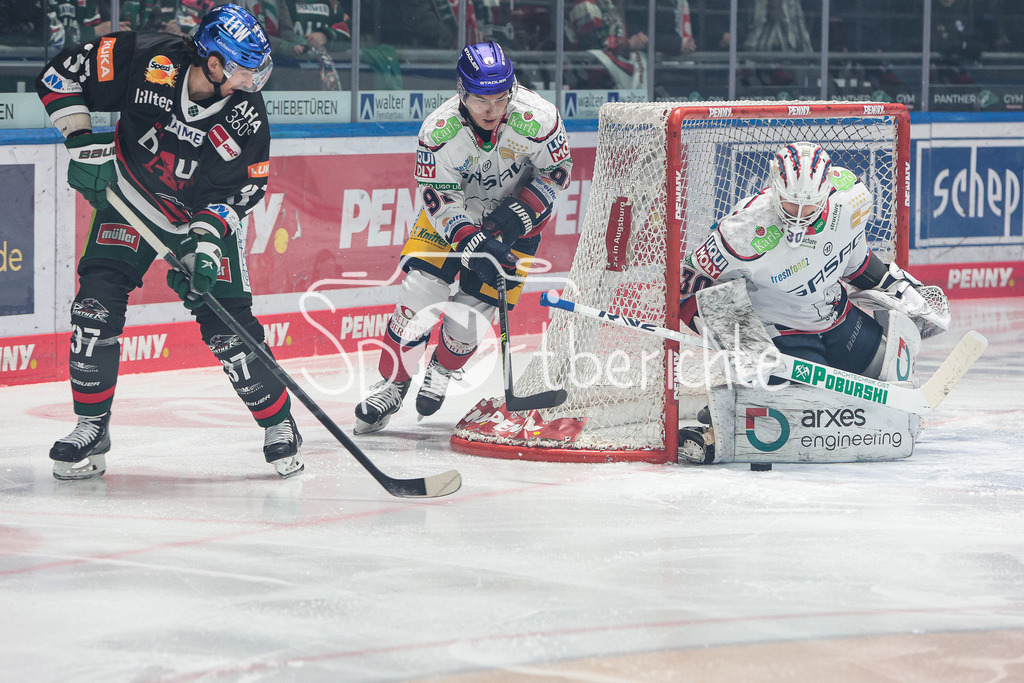 Augsburger Panther - Eisbaeren Berlin | Terry BROADHURST (AEV #37) prueft in dieser Szene das erste mal Juho MARKKANEN (EBB #30)