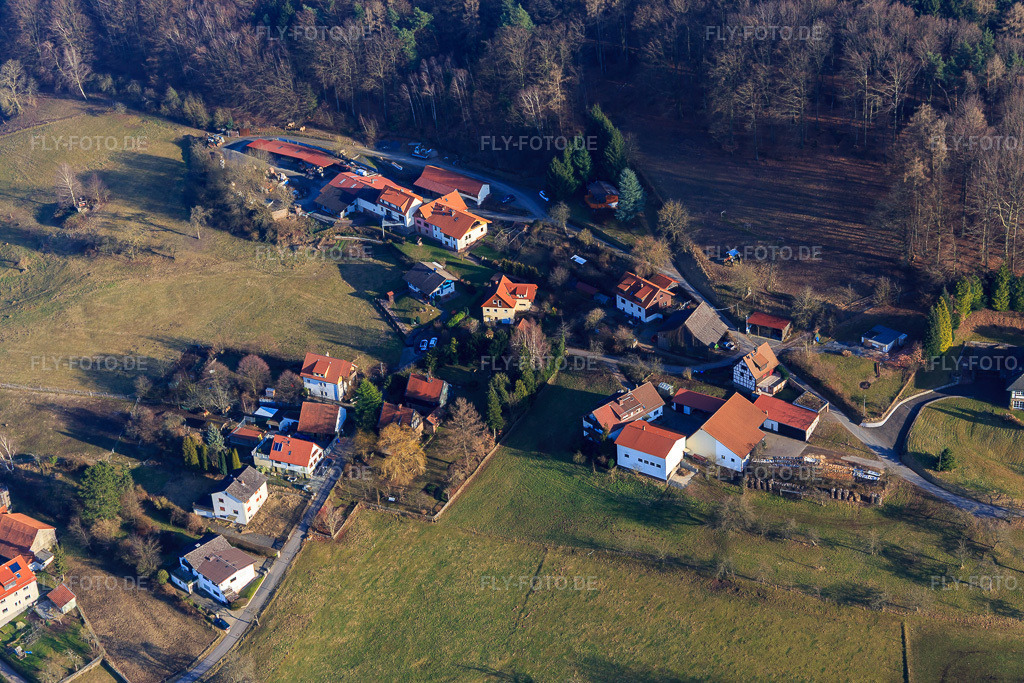 Luftbild: Fjordpferdehof Eitenmüller im Ortsteil Rohrbach in Reichelsheim im Bundesland Hessen in Deutschland. Foto: IMG_096660.jpg vom 14.02.2017 durch Werner Riehm/FLY-FOTO.deFjordpferdehof Eitenmüller