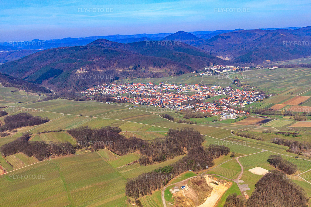 Luftbild: Winzerort am Haardtrand unter der Ruine Landeck von Südosten in Klingenmünster im Bundesland Rheinland-Pfalz in Deutschland. Foto: IMG_38340.jpg vom 20.03.2011 durch Werner Riehm/FLY-FOTO.de