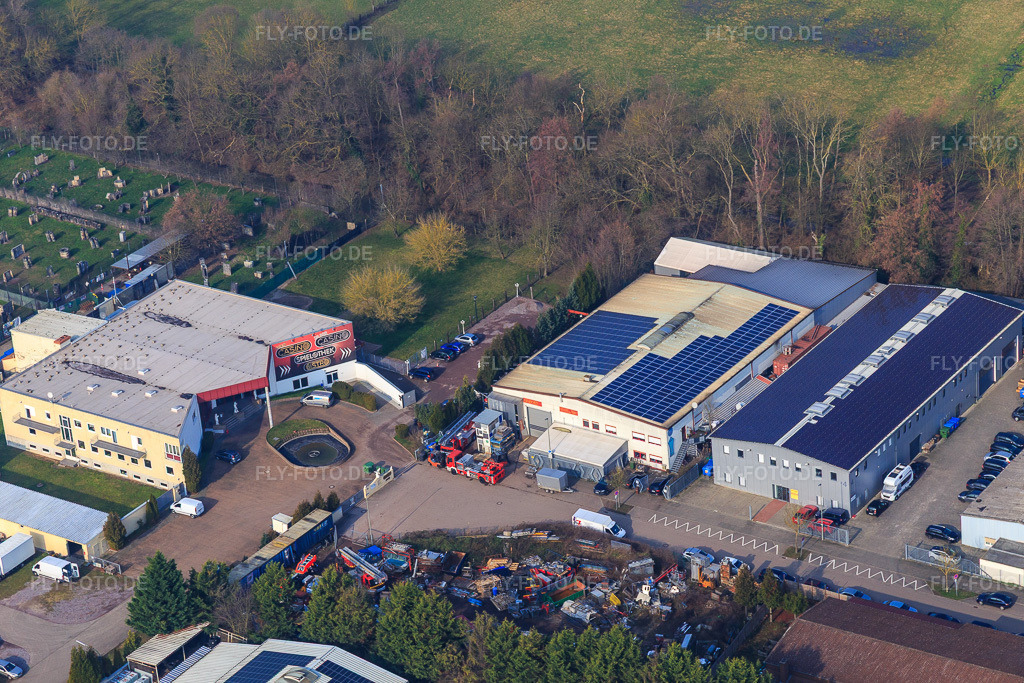 Luftbild: Buschurweg mit Zeich Metallbau GmbH, ArcoSYS Computervertriebs GmbH und Frey Metalltechnik, Inh. Dipl.-Ing. Matthias Frey e.K. im Ortsteil Minderslachen in Kandel im Bundesland Rheinland-Pfalz in Deutschland. Foto: IMG_104689.jpg vom 08.02.2018 durch Werner Riehm/FLY-FOTO.deWWW.ZEICH-METALLBAU.DE