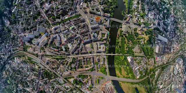 Muelheim20220806_City-2-130 | Luftbild, City mit Schloss Broich am Fluss Ruhr, Fisheye Aufnahme, Fischaugen Aufnahme, 360 Grad Aufnahme, Altstadt I, Mülheim an der Ruhr, Ruhrgebiet, Nordrhein-Westfalen, Deutschland