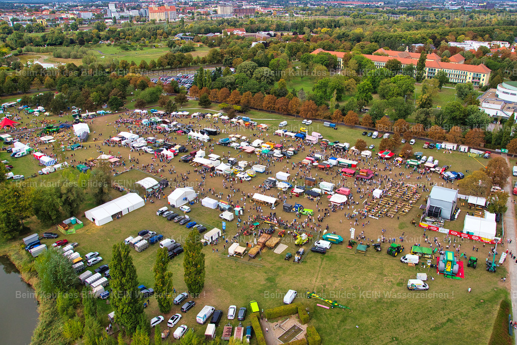 erntedankfest_magdeburg_9691 | Diese Luftaufnahme zeigt das weitläufige Gelände des Erntedankfestes im Elbauenpark während eines sonnigen Herbsttages. Die zahlreichen Ausstellerflächen, Präsentationsstände und Aktionsbereiche sind übersichtlich angeordnet und vermitteln aus der Luft einen eindrucksvollen Überblick über die Größe und Organisation der Veranstaltung. Die herbstlichen Farben des Elbauenparks schaffen dabei eine stimmungsvolle Kulisse für eines der beliebtesten Feste Sachsen-Anhalts.Die Aufnahme entstand im Auftrag der Agrarmarketinggesellschaft Sachsen-Anhalt, um die Veranstaltung aus der Luft zu dokumentieren. Erst aus dieser Perspektive werden die sorgfältige Planung, die Vielfalt der Aussteller und die Dimension des Festgeländes sichtbar. Luftbilder leisten dabei einen wertvollen Beitrag zur Dokumentation großer Veranstaltungen und eröffnen Blickwinkel, die Besuchern vom Boden aus verborgen bleiben.Das Erntedankfest verbindet seit vielen Jahren Landwirtschaft, regionale Produkte und Tradition mit einem abwechslungsreichen Familienprogramm. Die Luftaufnahme hält nicht nur die besondere Atmosphäre des Festes fest, sondern dokumentiert zugleich einen wichtigen Treffpunkt für Erzeuger, Unternehmen und Besucher aus ganz Sachsen-Anhalt. - Realisiert mit Pictrs.com