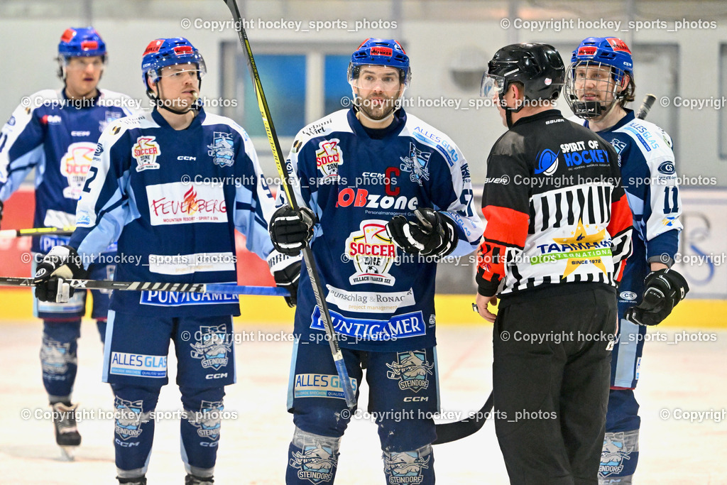 ESC Steindorf vs. EC Hornets Spittal 20.2.2024 | #92 Ratz Patrick ESC Steindorf, #57 Wilfan Franz ESC Steindorf, #11 Czechner Sandro ESC Steindorf, Holzer Daniel Referee,ESC Steindorf vs. EC Hornets Spittal 20.2.2024, ESC Steindorf vs. EC Hornets Spittal 20.2.2024 am 20.02.2024 in Steindorf (Ossiachersee Halle), Austria, (Photo by Bernd Stefan)