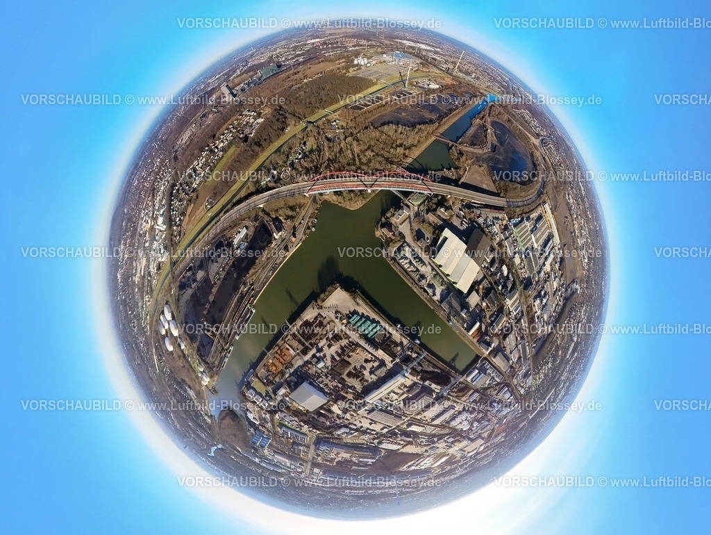 Bottrop240190181A42-Bruecke gesperrt | Luftbild, gesperrte Rhein-Herne-Kanalbrücke mit rotem Geländer, Autobahn A42 Emscherschnellweg, Infrastruktur, Doppelbogenbrücke an der Stadtgrenze Essen, Stadthafen Essen, Sturmhof Kohlehafen, Erdkugel, Fisheye Aufnahme, Fischaugen Aufnahme, 360 Grad Aufnahme, tiny world, little planet, fisheye Bild, Ebel, Bottrop, Ruhrgebiet, Nordrhein-Westfalen, Deutschland