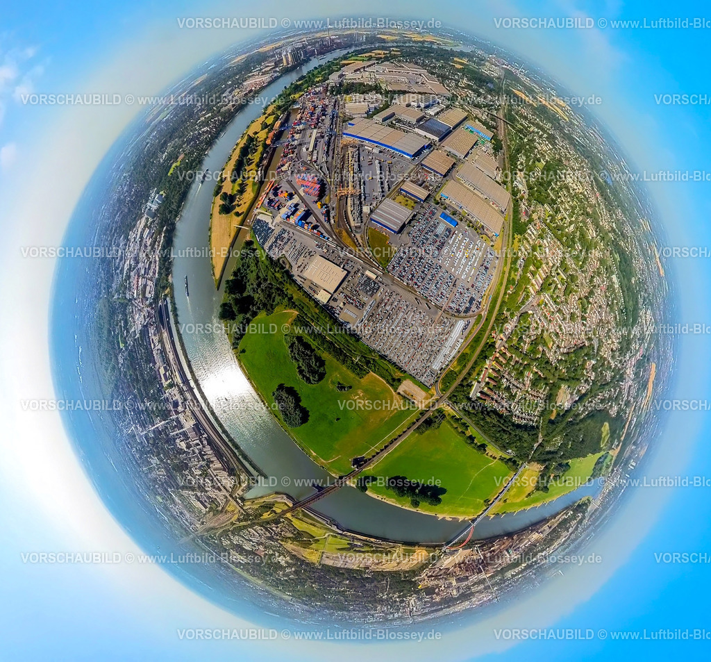 Duisburg230790179_Logport1_Rheinhausen | Luftbild, logport I Rheinhausen, Autoterminal, Fluss Rhein, Erdkugel, Fisheye Aufnahme, Fischaugen Aufnahme, 360 Grad Aufnahme, tiny world, Friemersheim, Duisburg, Ruhrgebiet, Nordrhein-Westfalen, Deutschland