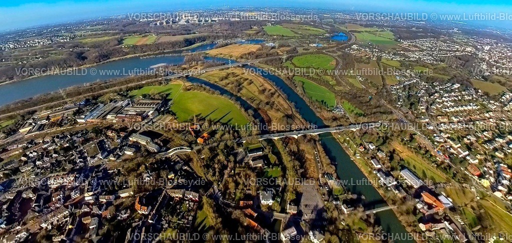 Witten240190037BrueckenHerbede | Luftbild, Fluss Ruhr mit Nebenarm und dem Kemnader Stausee mit Hafen Heveney, drei Brücken mit Lakebrücke, Hebeder Ruhrbrücke und hinten die Autobahnbrücke der BAB Autobahn A43, rechts der Ortsteil Heven, links der Ortsteil Herbede, hinten die RUB Ruhr-Universität Bochum, Erdkugel, Fisheye Aufnahme, Fischaugen Aufnahme, 360 Grad Aufnahme, tiny world, little planet, fisheye Bild, Ostherbede, Witten, Ruhrgebiet, Nordrhein-Westfalen, Deutschland