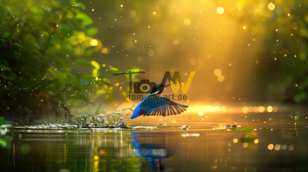 Ein Eisvogel fliegt aus dem Wasser der Sonne entgegen---KI | nach einer erfolglosen Jagd nach einem Fisch. Im schimmernden Licht der tiefen Sonne. KI - erstellt. - Realisiert mit Pictrs.com