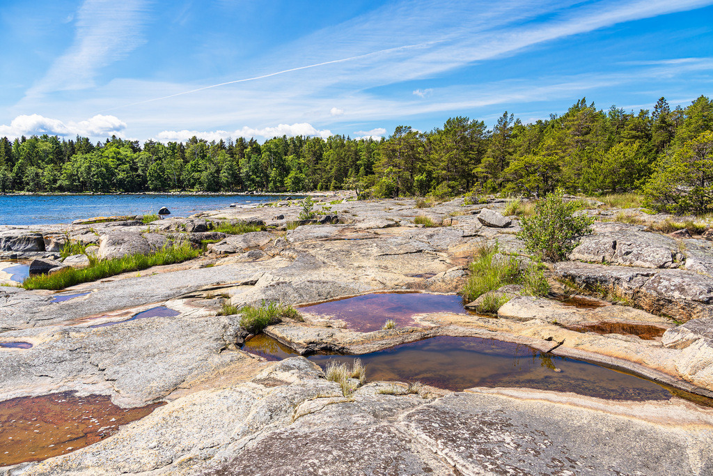 Ostseeküste mit Felsen und Bäumen auf der Insel Sladö in Schweden | Ostseeküste mit Felsen und Bäumen auf der Insel Sladö in Schweden.