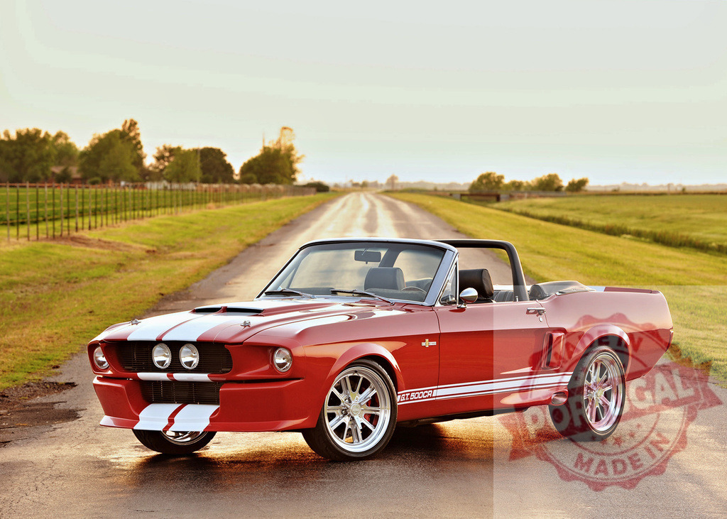 Red Ford Mustang Shelby GT500 CR convertible parked on road | Red Ford Mustang Shelby GT500 CR convertible parked on a rural road at sunset - Realized with Pictrs.com