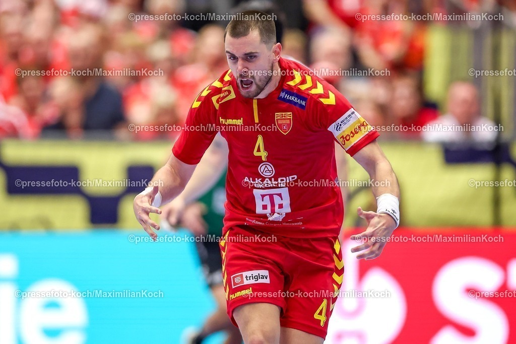 EHF18012601149 | 18.01.2026, Handball, Men's EHF EURO 2026, Portugal - Nordmazedonien, Jyske Bank Boxen in Herning, Dänemark, Preliminary Round:  Martin Velkovski (North Macedonia #04) jubelnd
