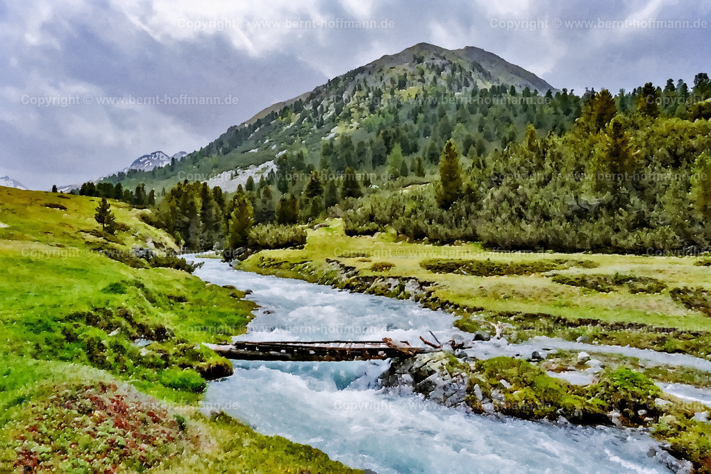 PAD2_RH_Fluss_Holzbruecke_180x120 | DIGITALKUNST. Bergbach im Val Chamuera. __ An der Alp Serlas in der Region La Punt im Oberengadin. __ Das Basisfoto für dieses malerisch verwandelte Werk hat der Schweizer Hobbyfotograf Rene Hinder gemacht und es Bernt Hoffmann für dessen Kunstpart zur Verfügung gestellt. __ Seitenverhältnis = 3 zu 2 - Realisiert mit Pictrs.com