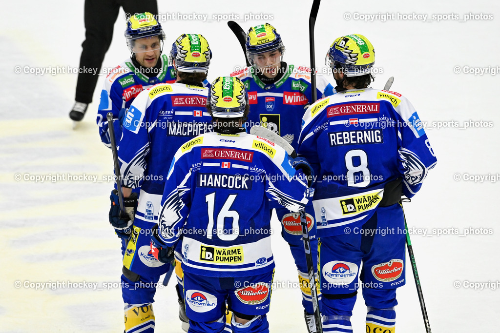 EC IDM WÄRMEPUMPEN VSV vs. Olimpija Ljubljana | Jubel EC VSV Mannschaft, #16 Kevin Hancock EC VSV, #8 Maximilian Rebernig EC VSV, #2 Dylan MacPherson EC VSV, #42 Alex Wall EC VSV, #40 Elias Wallenta EC VSV, EC IDM WÄRMEPUMPEN VSV vs. Olimpija Ljubljana, EC IDM WÄRMEPUMPEN VSV vs. Olimpija Ljubljana am 01.02.2026 in Villach (Stadthalle Villach), Austria, (Photo by Bernd Stefan)