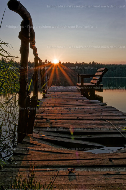 Sonnenuntergang am Holzsteg | Ein alter Holzsteg führt hinaus auf einen stillen See im warmen Licht des Sonnenuntergangs. Die tief stehende Sonne, das ruhige Wasser und die natürliche Umgebung erzeugen eine friedliche, sommerliche Abendstimmung. - Realisiert mit Pictrs.com