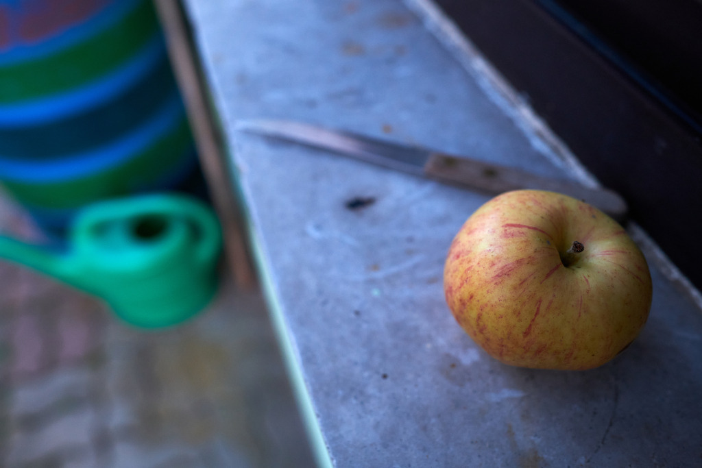 Apfel liegt auf Fenstersiems mit Messer | Burgenland - Austria - September 02, 2022: Apfel liegt auf Fenstersiems mit Messer, im Hintergrund eine Regentonne mit Giesskanne. - Realisiert mit Pictrs.com