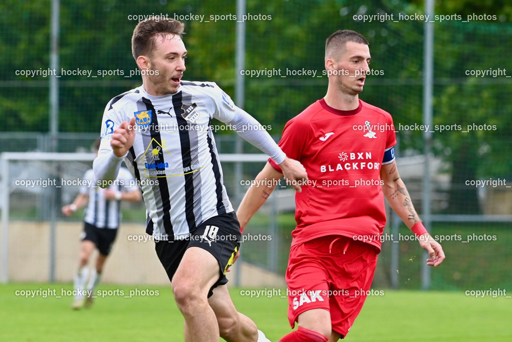 SVG Bleiburg vs. SAK 23.9.2023 | #18 Alen Martinovic SVG Bleiburg, #24 Zoran Vukovic (K) SAK, SVG Bleiburg vs. SAK 23.9.2023, SVG Bleiburg vs. SAK am 23.09.2023 in Bleiburg (Karl Kornberger Stadion), Austria, (Photo by Bernd Stefan)