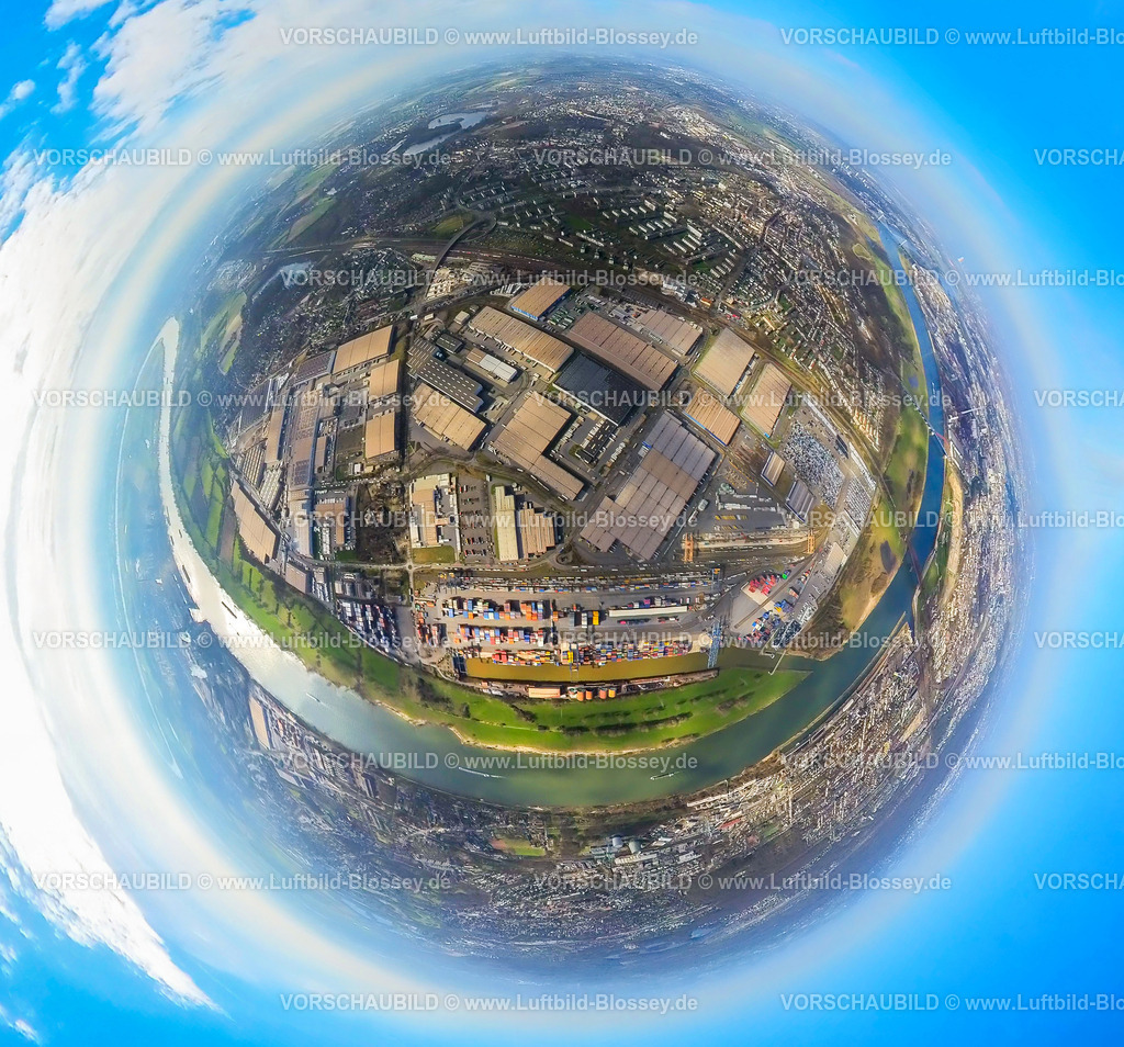 Duisburg240390019LogPortIRheinhausen-2 | Luftbild, logport I Rheinhausen am Fluss Rhein, Containerhafen, Duisburg Hafen D3T Duisburg Trimodal Terminal, AutomobilLogistik, Erdkugel, Fisheye Aufnahme, Fischaugen Aufnahme, 360 Grad Aufnahme, tiny world, little planet, fisheye Bild, Friemersheim, Duisburg, Ruhrgebiet, Nordrhein-Westfalen, Deutschland, Duisburg-fish