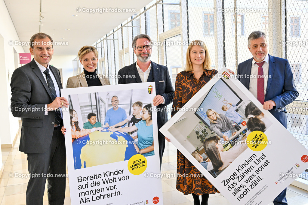 Pressekonferenz mit LH-StvIn Christine Haberlander (VP)_ Zukunft gestalten. Lehrer-in werden_ 15.11.2023-22 | 15.11.2023, Presseclub Linz, AUT, Pressekonferenz mit LH-StvIn Christine Haberlander (VP), Zukunft gestalten. Lehrer/in werden. Wir werben um Dich, Kampagnen-Praesentation des Landes Oberoesterreich und der Bildungsdirektion im Bild Walter Vogl (Rektor der Paedagogischen Hochschule Ooe), Johanna Fischer (Vize- Rektorin Paedagogische Hochschule der Dioezese Linz), 
Christian Roessner (Quereinsteiger und Lehrer an der MS Muenichholz), LH-StvIn Christine Haberlander (VP), Alfred Klampfer (Bildungsdirektor Ooe)