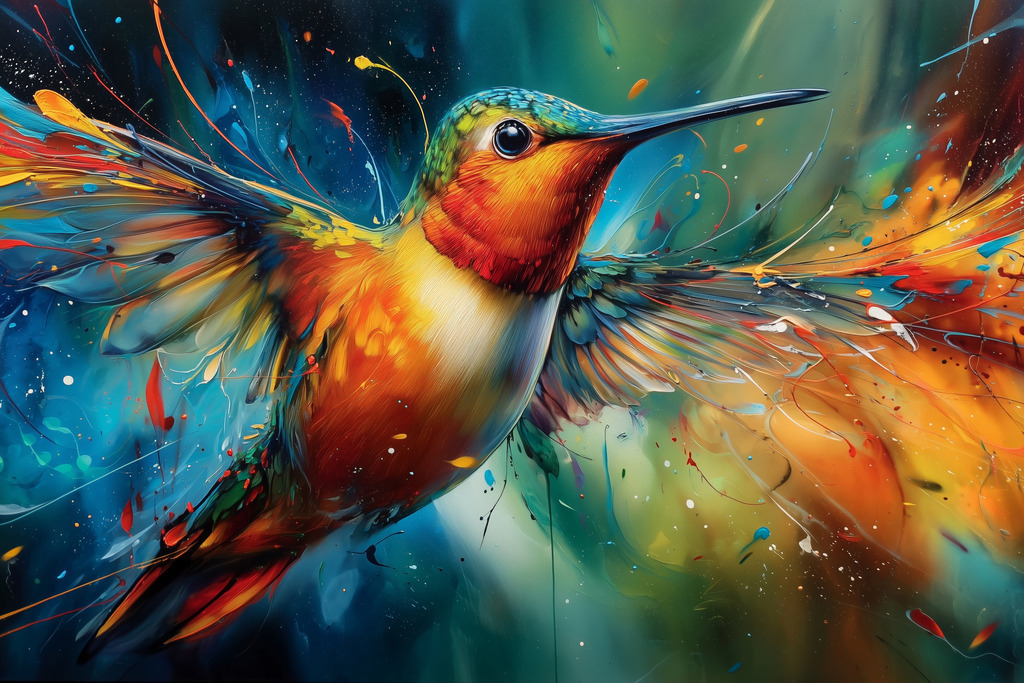 2604004 - Kolibri im Farbrausch | Ein Kolibri im Flug, festgehalten in einer dynamischen und farbintensiven Darstellung. Die Mischung aus klarer Form und abstrakten Farbspuren erzeugt Bewegung und Tiefe. Das Motiv wirkt lebendig und leicht und setzt einen modernen Akzent im Raum.