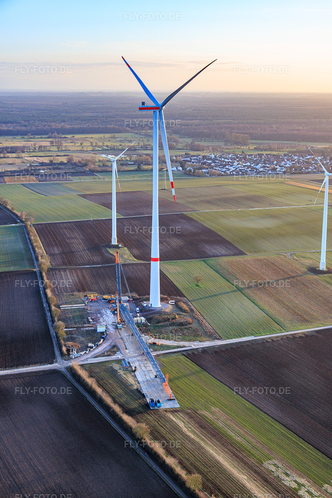 Luftbild: Repowering des Windpark Minfeld. JUWI ersetzt vier Altanlagen (GE 1.5) aus 2004 durch zwei neue, modernen Anlagen vom Typ Vestas V162 mit je sechs MW in Kandel im Bundesland Rheinland-Pfalz in Deutschland. Foto: IMG_153126.jpg vom 07.02.2026 durch Werner Riehm/FLY-FOTO.deJUWI Windparks - JUWI