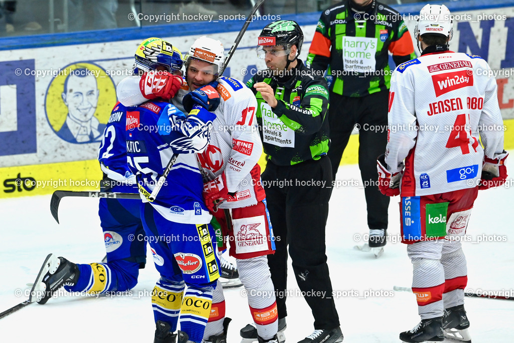 EC IDM WÄRMEPUMPEN VSV vs. EC KAC | #95 Katic Mark EC VSV, #97 Hochegger Fabian EC KAC,  Konc Daniel Referee, #41 Jensen Aabo Jesper EC KAC, EC IDM WÄRMEPUMPEN VSV vs. EC KAC, EC IDM WÄRMEPUMPEN VSV vs. EC KAC am 02.02.2025 in Villach (Stadthalle Villach), Austria, (Photo by Bernd Stefan)