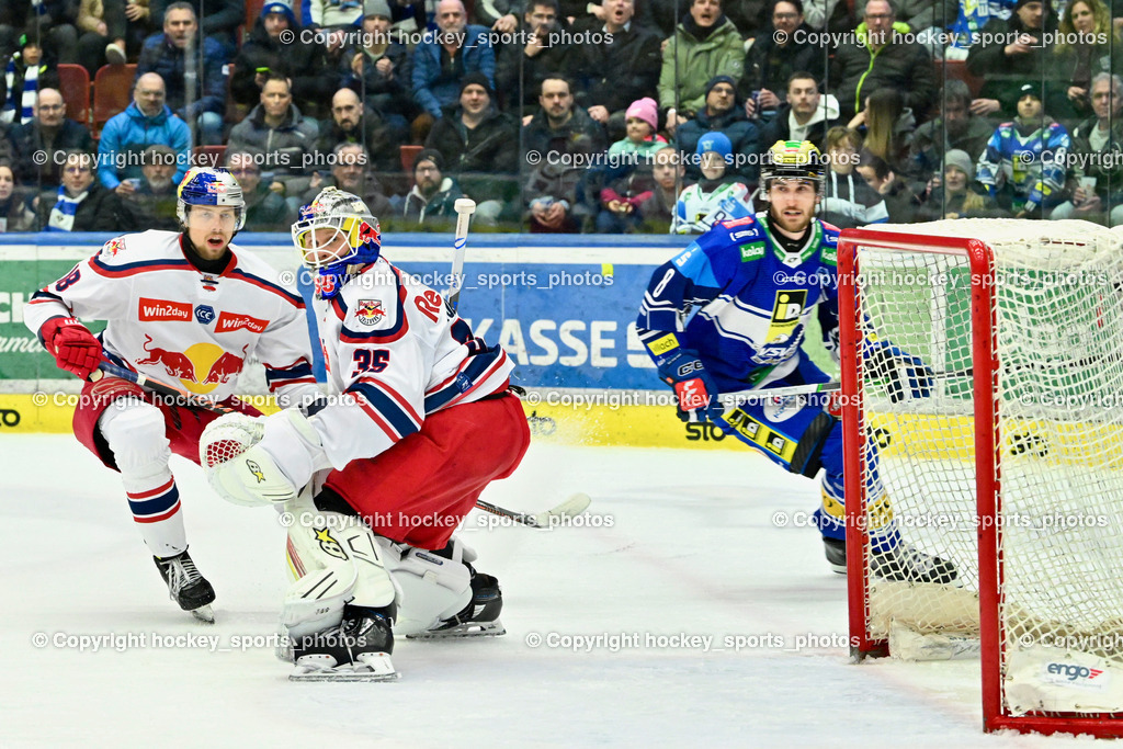 EC IDM WÄRMEPUMPEN VSV vs. EC Red Bull Salzburg | #18 Stapelfeldt Paul EC Redbull Salzburg, #35 TOLVANEN ATTE EC Redbull Salzburg, #8 Rebernig Maximilian EC VSV, EC IDM WÄRMEPUMPEN VSV vs. EC Red Bull Salzburg, EC IDM WÄRMEPUMPEN VSV vs. EC Red Bull Salzburg am 17.01.2025 in Villach (Stadthalle Villach), Austria, (Photo by Bernd Stefan)