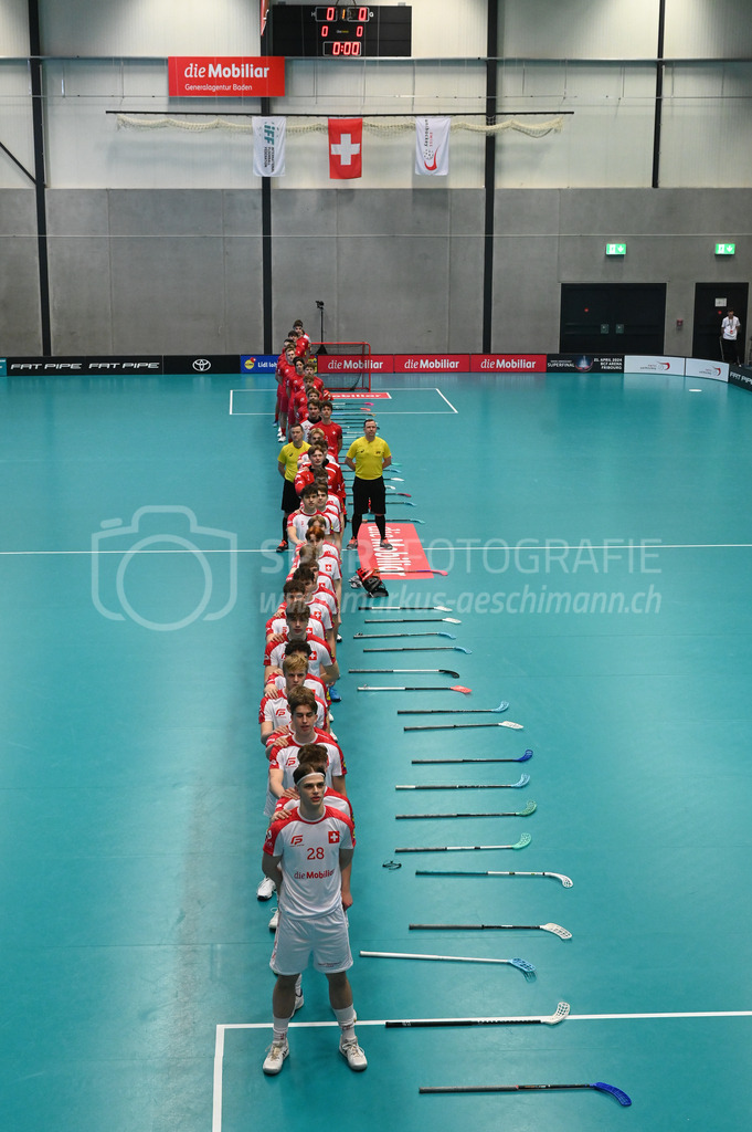 Switzerland B U19 vs Switzerland U19 - 4. February 2024 | Switzerland B U19 vs Switzerland U19
U19 Men International Matches in Switzerland
GoEasy Arena, Siggenthal Station
Both teams during the national anthem.
Credit: Markus Aeschimann | <a href="https://www.markus-aeschimann.ch">Sportfotografie Markus Aeschimann</a> | <a href="https://www.instagram.com/sportfotografie.aeschimann">@sportfotografie.aeschimann</a> - Realisiert mit Pictrs.com