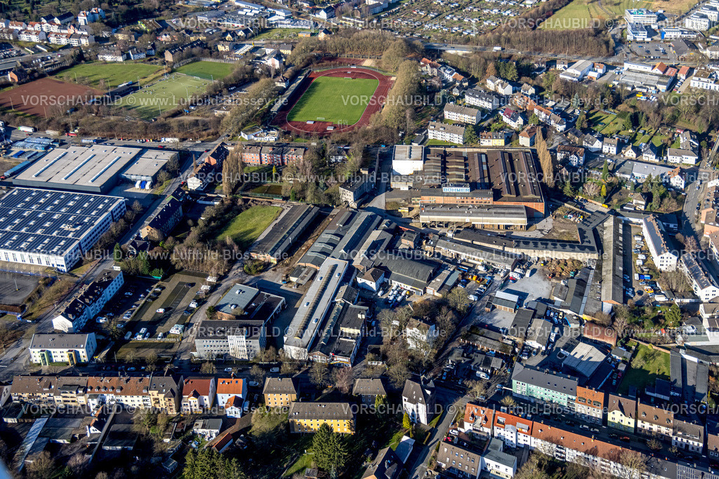 Witten240102691 | Luftbild, Gewerbegebiet mit ehemals Eisenwerk Böhmer, Annenstraße, Wullenstadion Fußballstadion FSV Witten und VFB Annen 19, Witten, Ruhrgebiet, Nordrhein-Westfalen, Deutschland