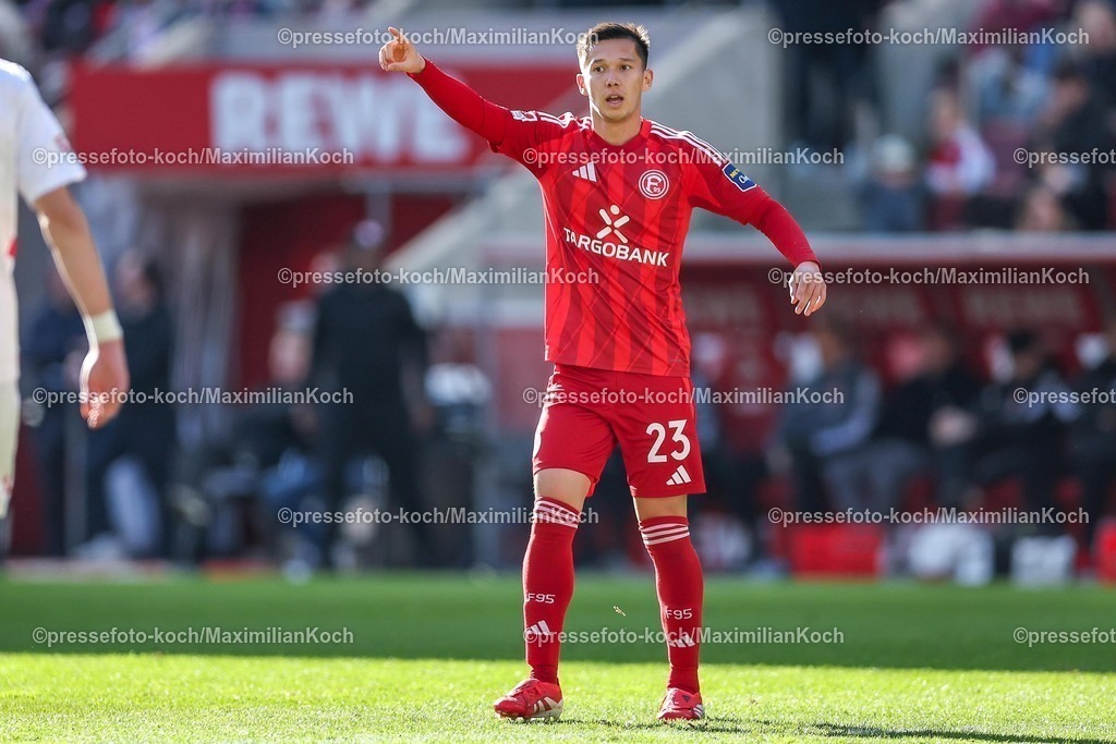 1FC23022502162 | 23.02.2025, Fußball, 1. FC Köln - Fortuna Düsseldorf, 2.. Fußball Bundesliga, 23. Spieltag, RheinEnergie-STADION, Saison 2024 2025: Shinta Appelkamp (Fortuna Düsseldorf #23) gestik GestikulierendDFB regulations prohibit any use of photographs as image sequences and or quasi-video.