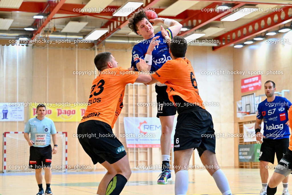 SC Ferlach vs. HSG Holding Graz 23.9.2023 | #23 BELOS Nemanja Holding Graz, #24 JOVANOVIC Mladan SC Ferlach, #6 PISARIC Djordje Holding Graz, SC Ferlach vs. HSG Holding Graz 23.9.2023, SC Ferlach vs. HSG Holding Graz am 23.09.2023 in Bleiburg (Ballspielhalle Ferlach), Austria, (Photo by Bernd Stefan)