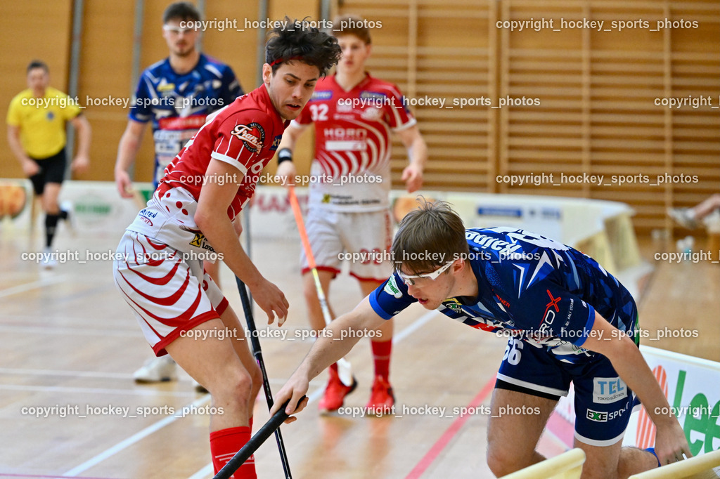 VSV Unihockey vs. KAC Floorball | #66 Jakob Rainer VSV Unihockey, #69 Nikita Münch KAC Floorball, VSV Unihockey vs. KAC Floorball, VSV Unihockey vs. KAC Floorball am 12.04.2025 in Villach (Ballspielhalle St. Martin), Austria, (Photo by Bernd Stefan)