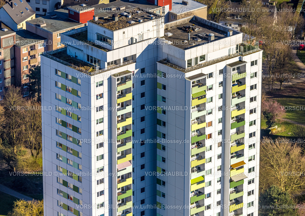 Hagen250303165 | Luftbild, Hochhaus Wohnsiedlung Pappelstraße mit farbigen Balkonen, Formen und Farben, Boele, Hagen, Ruhrgebiet, Nordrhein-Westfalen, Deutschland