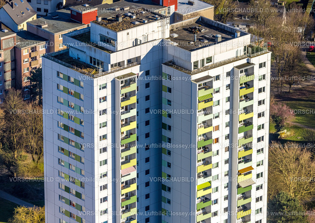 Hagen250303165 | Luftbild, Hochhaus Wohnsiedlung Pappelstraße mit farbigen Balkonen, Formen und Farben, Boele, Hagen, Ruhrgebiet, Nordrhein-Westfalen, Deutschland